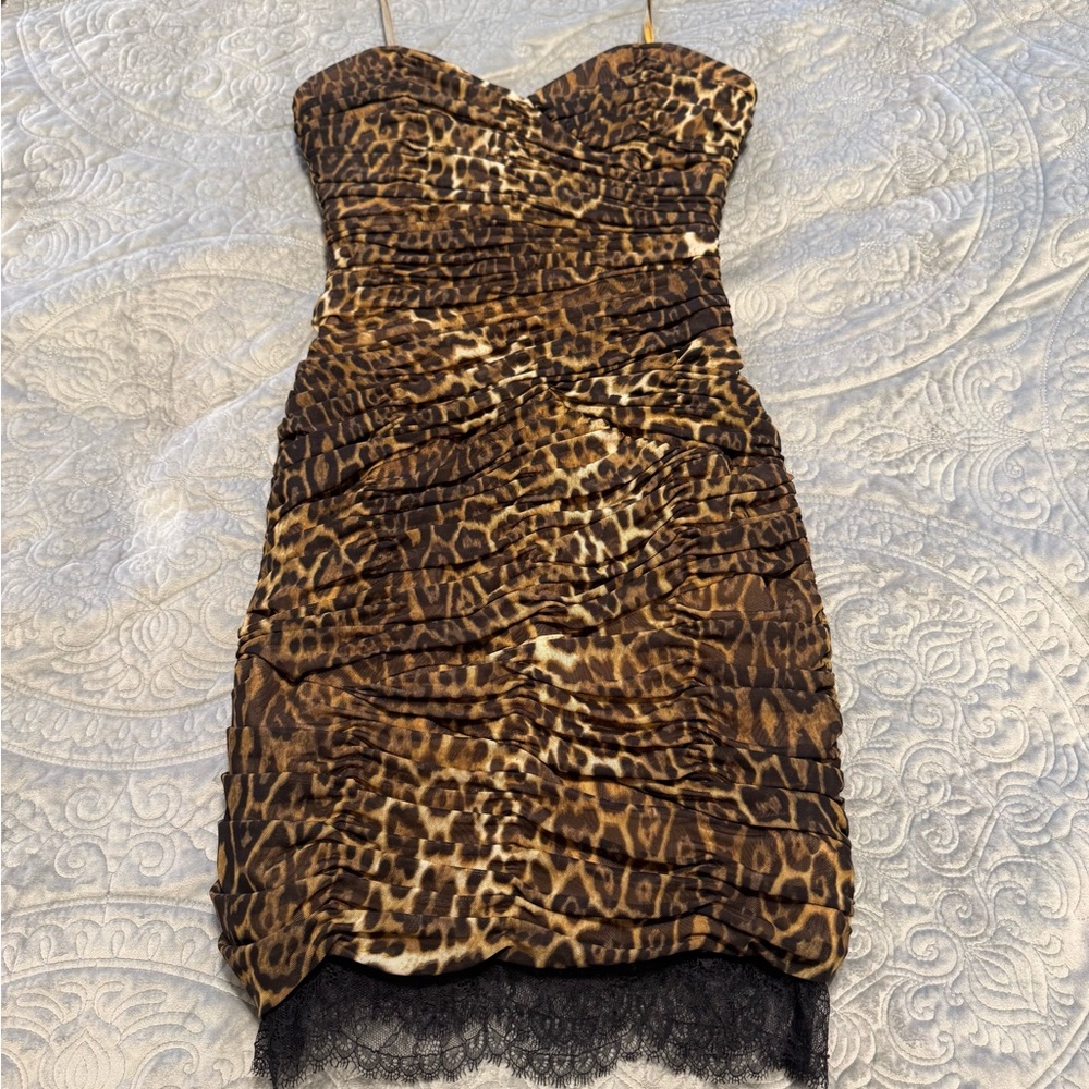 BCBG Leopard Print Ruched Dress with Lace Trim